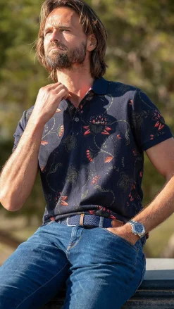 NZA New Zealand Auckland Polo-Shirts|Donkerblauwe Polo Met Bloemenprint-Traditional Navy