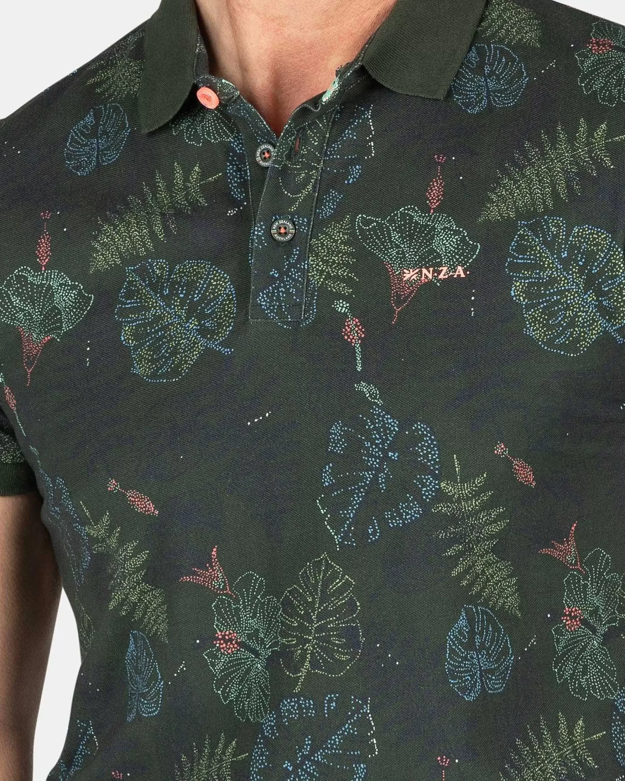NZA New Zealand Auckland Polo-Shirts|Katoenen Polo Met Bladprint-Chalk Green