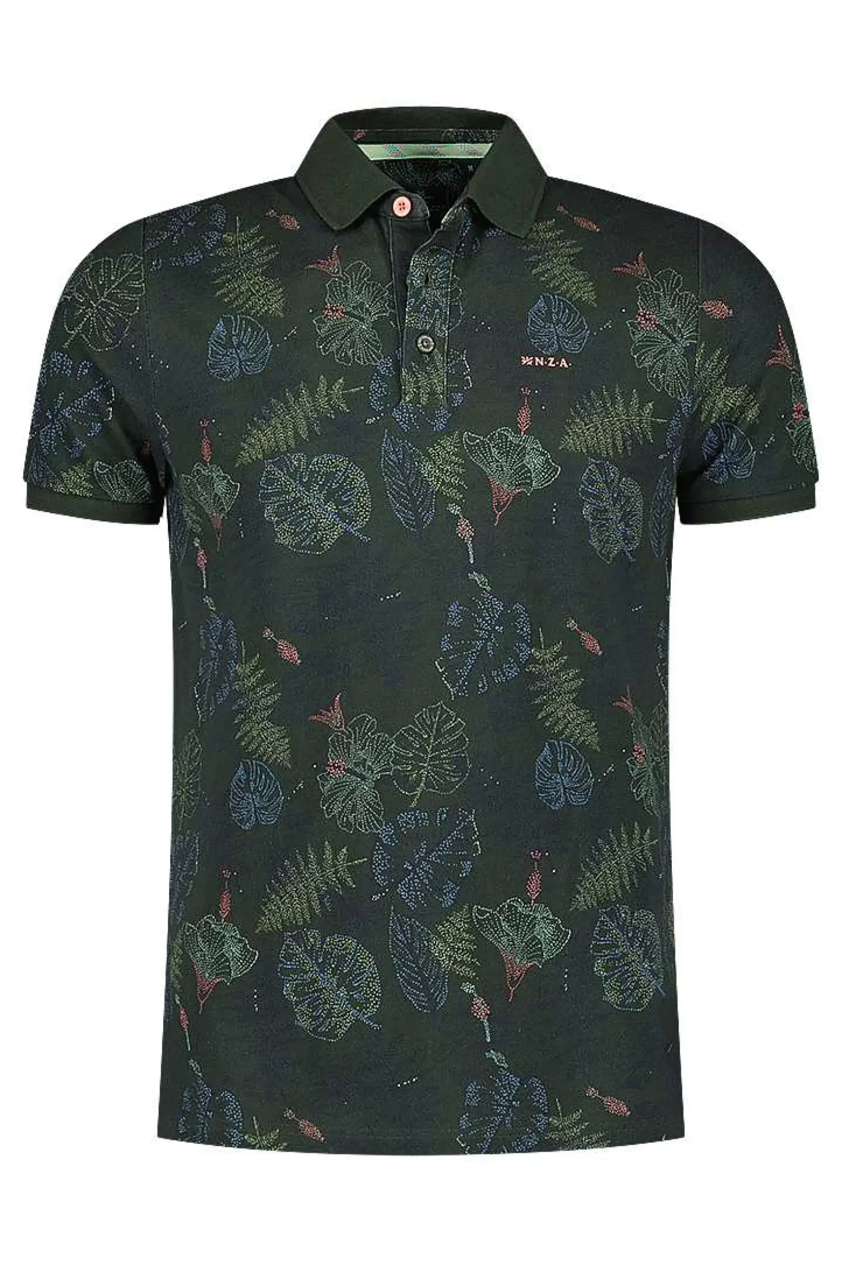 NZA New Zealand Auckland Polo-Shirts|Katoenen Polo Met Bladprint-Chalk Green
