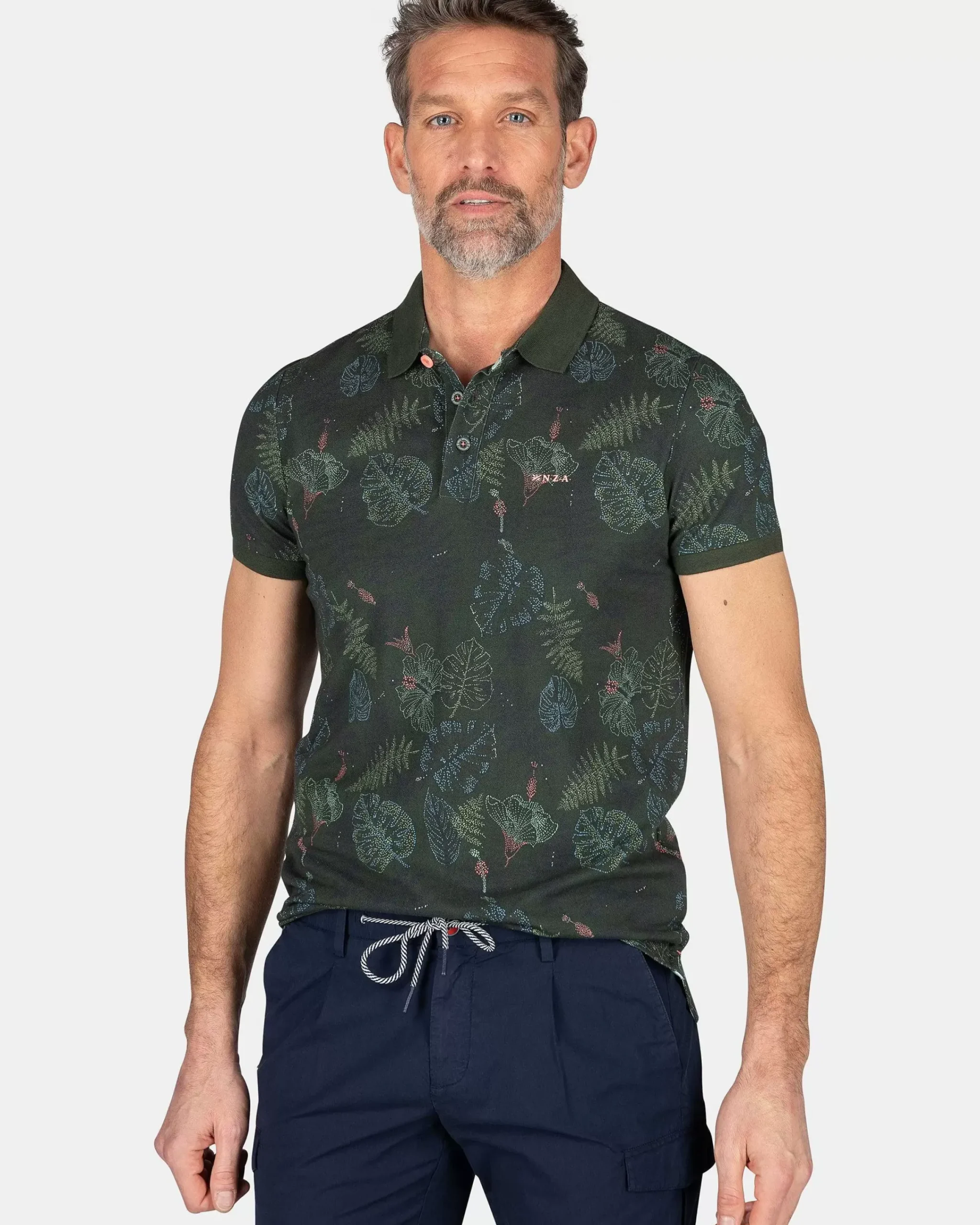 NZA New Zealand Auckland Polo-Shirts|Katoenen Polo Met Bladprint-Chalk Green