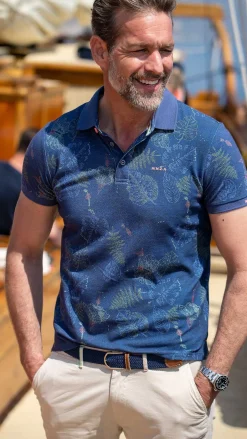 NZA New Zealand Auckland Polo-Shirts|Katoenen Polo Met Bladprint-Dusk Navy